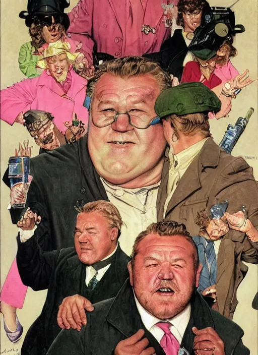 Image similar to ray winstone as a chubby supervillain wearing a pink trench coat, by norman rockwell and jason fabok and tom lovell and frank schoonover and dean cornwell