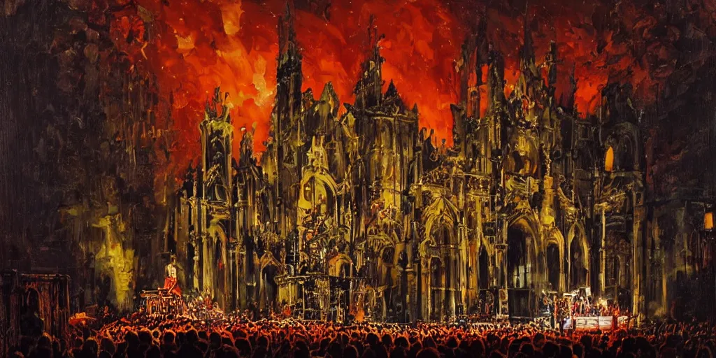 Image similar to Rammstein performing live on stage, 19th century cathedral style with lights and large sound speakers, by Megan Duncanson and Raphael Lacoste, detailed 3d gothic oil painting