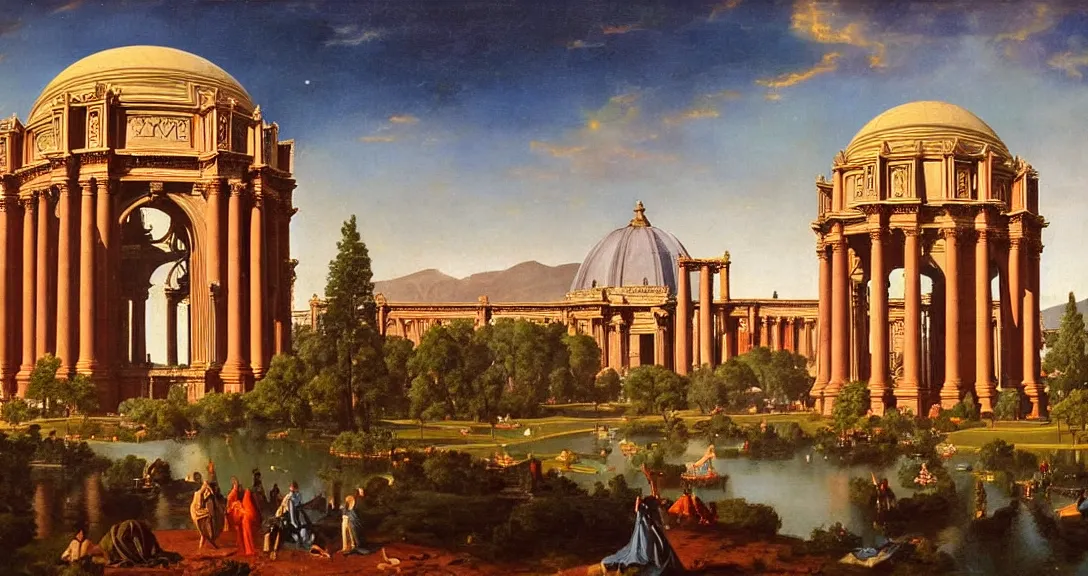 Image similar to the san francisco palace of fine arts during the intergalactic futuristic fair, romantic era painting, majestic