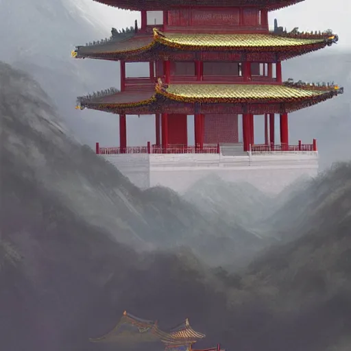 Prompt: A digital painting of a chinese temple in the mountains, by Greg Rutkowski, trending on Artstation