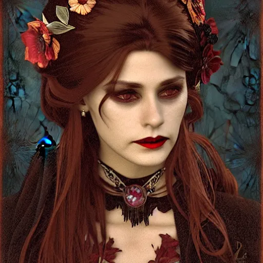 Image similar to portrait of a lady vampire, 35mm, victorian, depth of field, ominous, sharp, highly detailed, photorealistic, realistic, unreal 5, high definition, 8k, deviantart, irwin penn, Alphonse Mucha