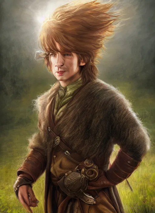 Image similar to A fantasy portrait painting of a male hobbit wearing leather armor on a beautiful meadow, DAZ, hyperrealistic, ambient light, dynamic light, trending on artstation, d&d, RPG portrait