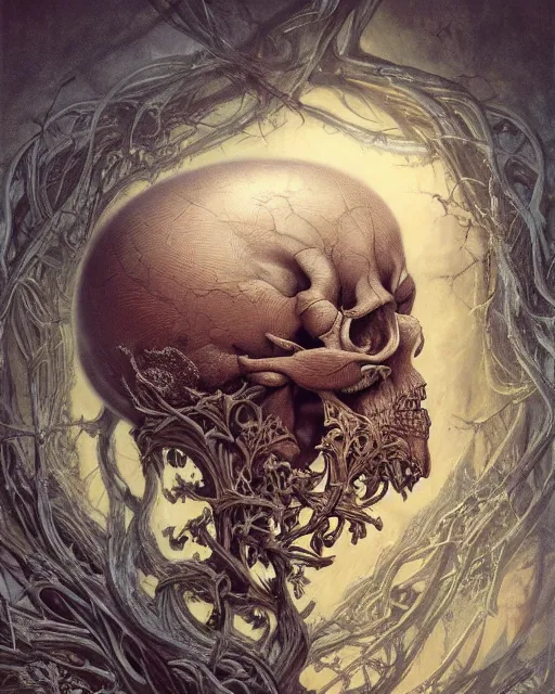 Prompt: a beautiful detailed front view of a dead rotten skull with ornate growing around, ornamentation, baroque architecture, elegant, beautifully soft lit, by wayne barlowe, peter mohrbacher, kelly mckernan