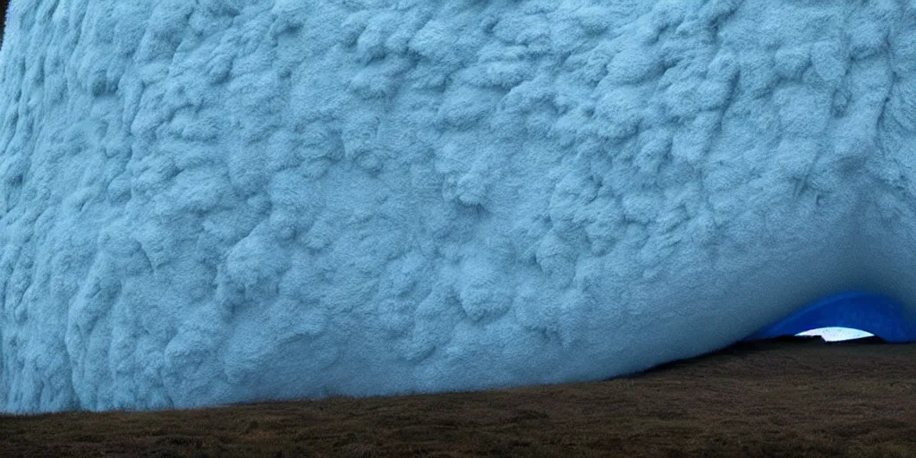 Image similar to a strange huge translucent pvc inflated organic architecture building with blue fluffy fur inside by anish kapoor sits in the rock mountains, film still from the movie directed by denis villeneuve with art direction by zdzisław beksinski, close up, telephoto lens, shallow depth of field