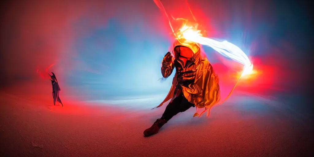 Image similar to fisheye slow motion with trail fire effect of futuristic break dancer wearing long dark cloak and golden helmet emitting red and blue fire, long exposure shot , enigmatic, at night underwater in the middle of the arctic with red light A letter, paddle of water, steam, fog, water splashes, rim lights, glossy reflections, raining, water droplets on lens, octane render, Volumetric dynamic lighting, stunning cover magazine, high details, hajime sorayama