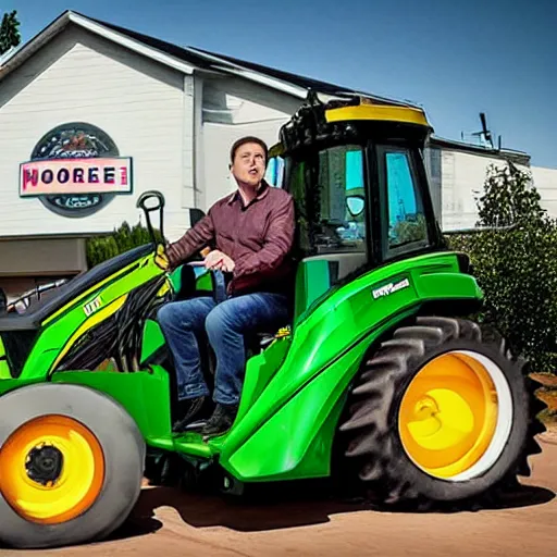 Image similar to elon musk driving a john deere