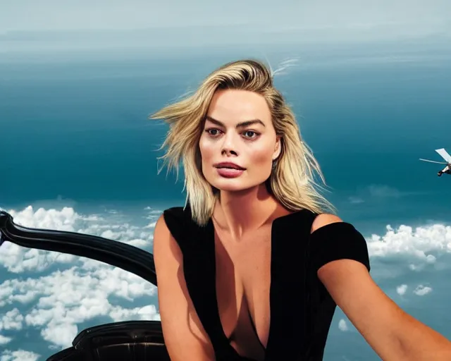 Prompt: a photo of margot robbie sitting on a flying helicopter, hyper realistic face, beautiful eyes, cinematic, long shot, hyper detailed, 8 5 mm photograph, 8 k resolution, film still, sharp lens, wide lens