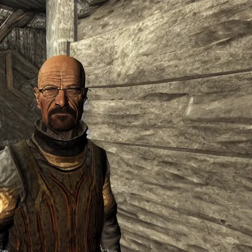 Image similar to walter white visits seyda neen, morrowind, highly detailed, realistic, elder scrolls, adventuring gear