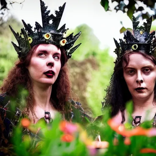 Prompt: two women with crowns of fire on their heads. glowing. folk horror. gothic. in a garden at midnight