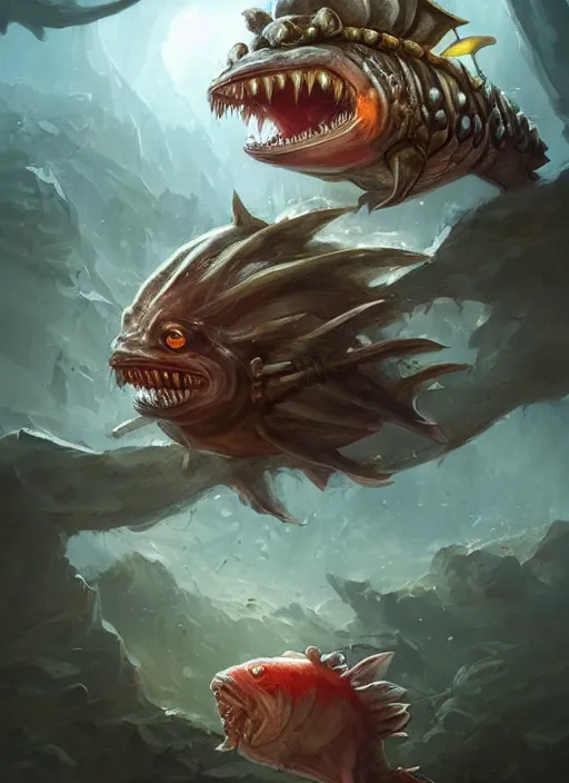 Image similar to cute little anthropomorphic piranha eater wearing canyon crown, tiny, small, miniature animal, baby animal, short, pale black armor, cute and adorable, pretty, beautiful, DnD character art portrait, matte fantasy painting, DeviantArt Artstation, by Jason Felix by Steve Argyle by Tyler Jacobson by Peter Mohrbacher, cinematic lighting