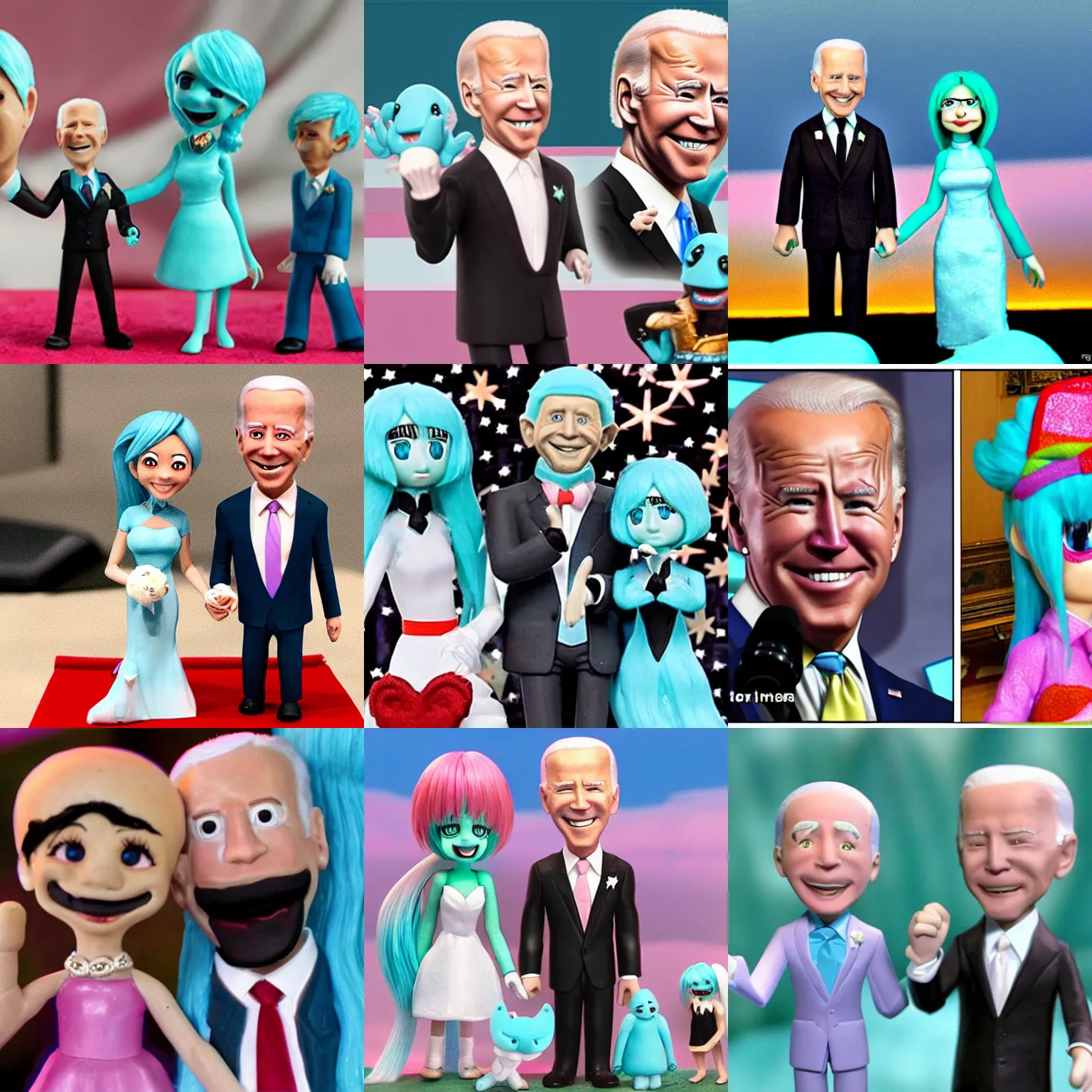 Prompt: claymation of Joe Biden marrying Hatsune Miku