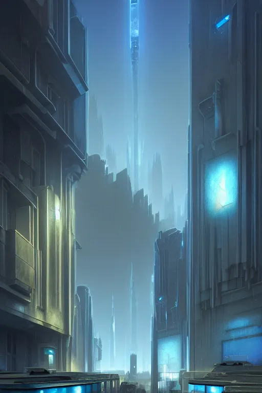 Image similar to emissary futuristic cityscape with blue street lamps, windows lit, stone marble sculptures in a courtyard, by tim blandin and arthur haas and bruce pennington and john schoenherr, cinematic matte painting, zaha hadid building, photo realism, dark moody color palate, blue hour stars, desolate glacial landscape,