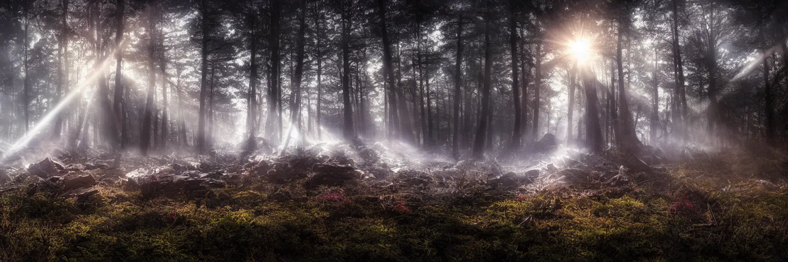 Prompt: planetary explosion, lost place photo, sunrays, mystic, mist, volumetric lights, wilderness, dirt, dramatic, cinematic, 8K, award winning photo,