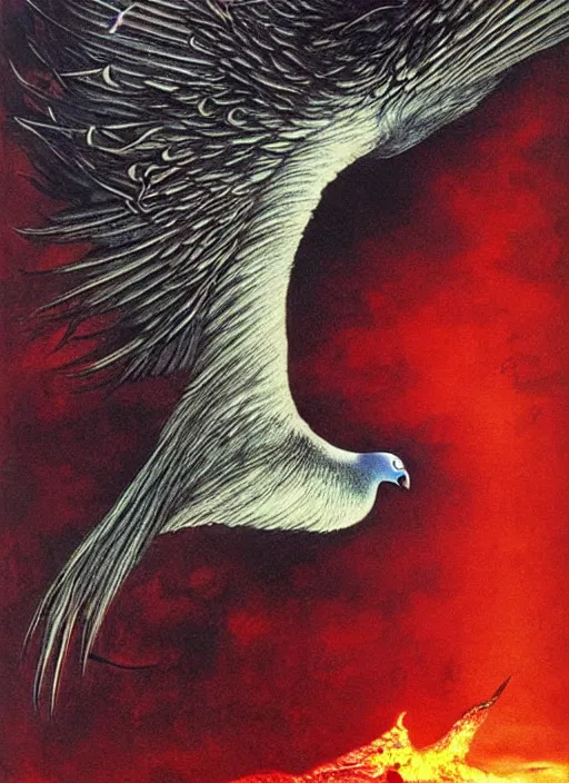 Prompt: a side view of spirit of chthonic demonic pigeon with red eyes, on background red lake on fire, highly detailed, art by Ayami Kojima, Beksinski, Giger