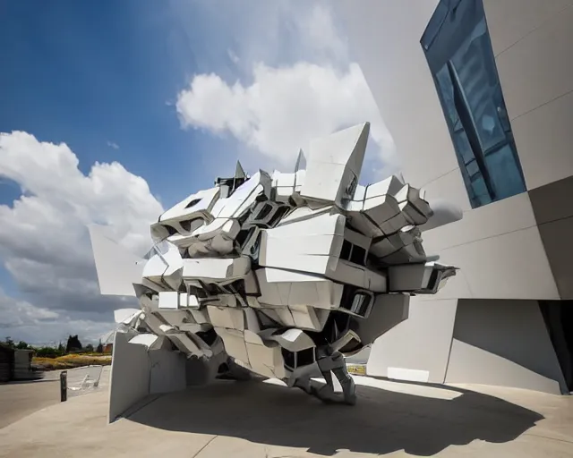 Image similar to photo of minimalist abstract cubist sculpture of curvy spaceship with random small mecha mayan decorations, covered with few large white airplane parts with windows and doors, gigantic size, sunset lighting