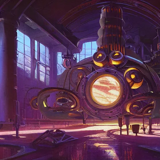 Prompt: painting of syd mead artlilery scifi organic shaped nuclear reactor with ornate metal work lands on a farm, fossil ornaments, volumetric lights, purple sun, andreas achenbach