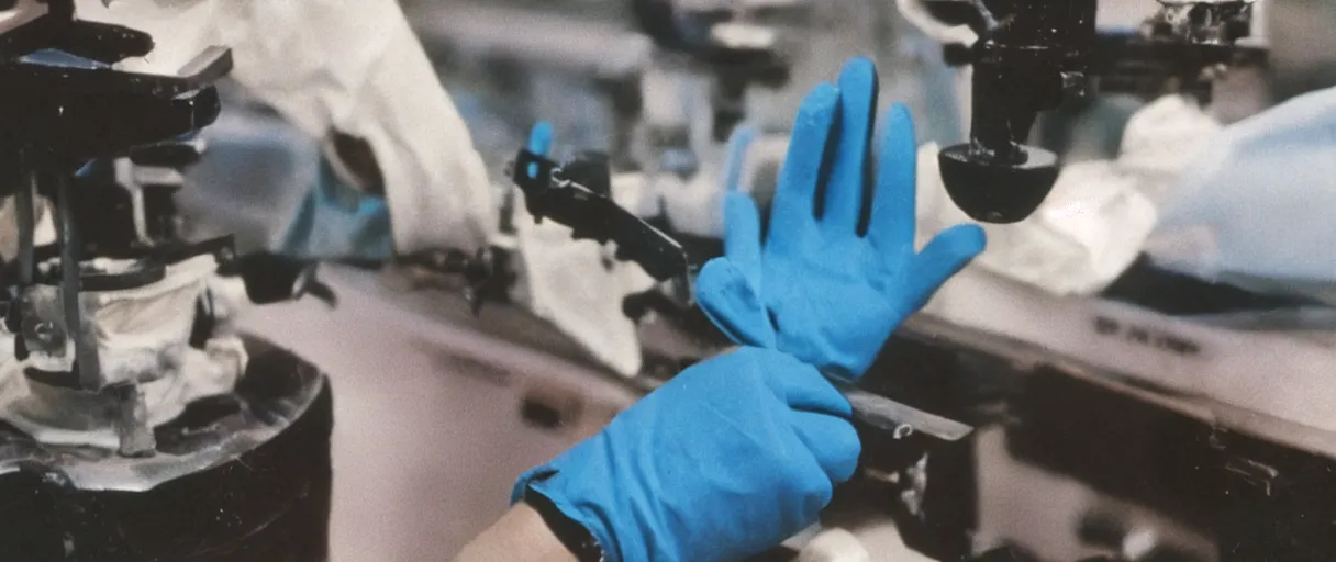 Image similar to a high quality color extreme closeup hd 4 k film 3 5 mm photograph of hand wearing rubber gloves wiping cobwebs off of a piece of equipment in 1 9 8 2