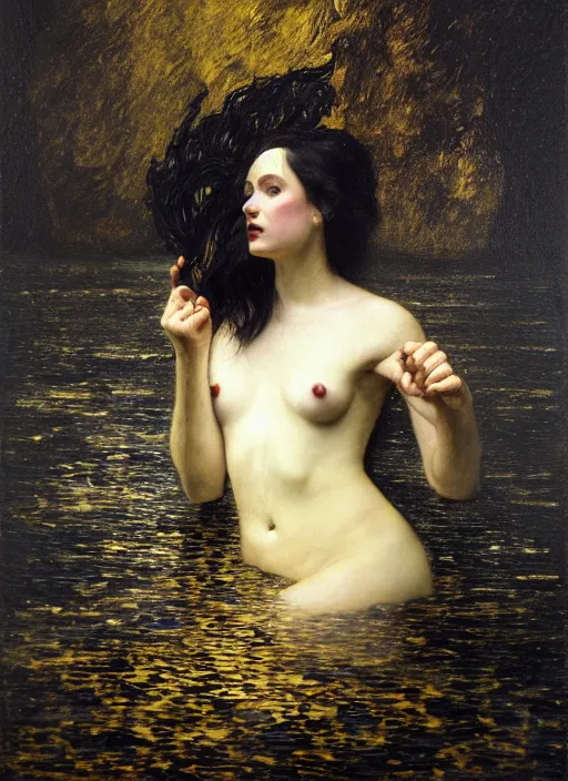 Image similar to highly detailed oil painting | very intricate | cinematic lighting | black, white and gold color scheme, dark background | a woman in lake ; water spirit ; slavic mythology | by roberto ferri, by gustav moreau, by singer sargent and gustav klimt, american romanticism, occult art | by austin osman spare, artstation, cgsociety, official art, octane