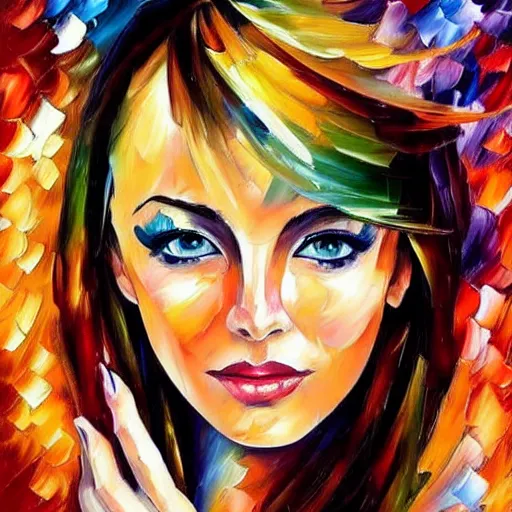 Image similar to painting of a gorgeous self conscious woman in the style of leonid afremov, hyperrealistic eyes, elaborate hairstyle, low contrast, silk skin
