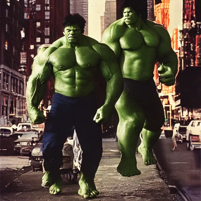 Image similar to a color photo portrait of the incredible hulk in new york city by richard avedon dramatic lighting.