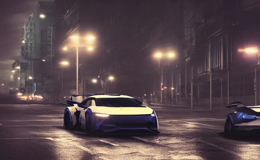 Image similar to a sport car in the streets at night whit blued headlights by Khyzyl Saleem, city landscape, stormy weather, atmospheric, trending artstaion, concept art, sharp focus, high detail, octane render, synth-wave