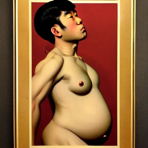 Image similar to Beautiful painting of a masculine young Asian male, pregnancy, round belly, pinup poster by J.C Leyendecker and Norman Rockwell