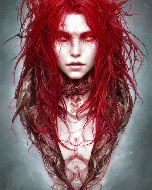 Image similar to brutal close up portrait intense translucent skin vampire, flowing hair, highly detailed, very intricate, graphical errors, going gpu, chromatic aberration, harsh lighting, unreal engine 5, illustration by mandy jurgens and alphonse mucha and yoji shinkawa, black and red only!!!, featured on artstation