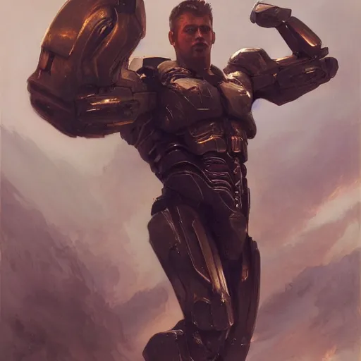 Image similar to handsome portrait of a spartan guy bodybuilder posing, radiant light, caustics, war hero, metal gear solid, ghost in the shell, by gaston bussiere, bayard wu, greg rutkowski, giger, maxim verehin