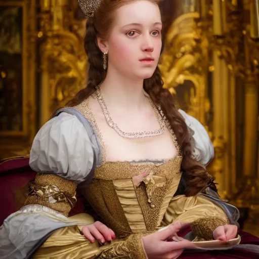 Image similar to young attractive beautiful duchess in versailles, wow 4 k detail fantasy, matte painting, realistic materials, photo realistic, postprocessing, cinematic, hyperrealistic, studio lighting, ekaterina, the tudors, photography by richard jenkins