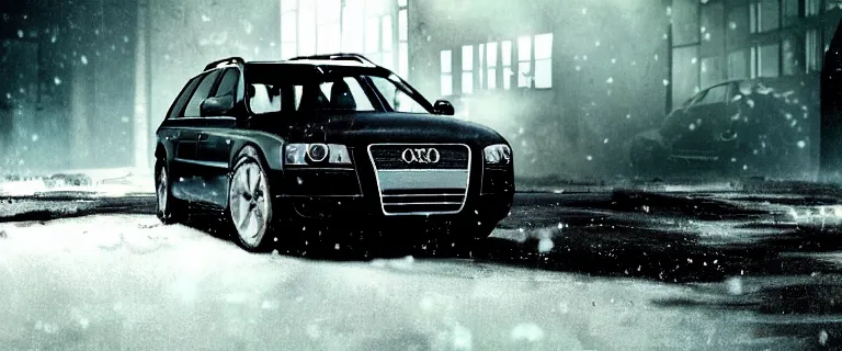 Image similar to Audi A4 B6 Avant (2002), a gritty neo-noir, dramatic lighting, cinematic, eerie person, death, homicide, homicide in the snow, viscera splattered, gunshots, bullet holes, establishing shot, extremely high detail, photorealistic, raging fire at a warehouse, arson, cinematic lighting, artstation, by simon stalenhag, Max Payne (PC) (2001) winter New York at night, In the style of Max Payne 1 graphic novel, flashing lights, Poets of the Fall - Late Goodbye