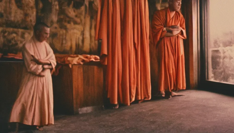 Image similar to 7 0 s film still from a horror movie about a buddhist monk, kodachrome, cinecolor, cinestill, film grain, film texture, retro, cinematic, high resolution, photorealism,
