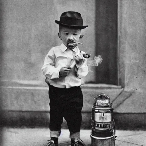 Image similar to two year old boy dressed like an old man smoking a cigar photograph