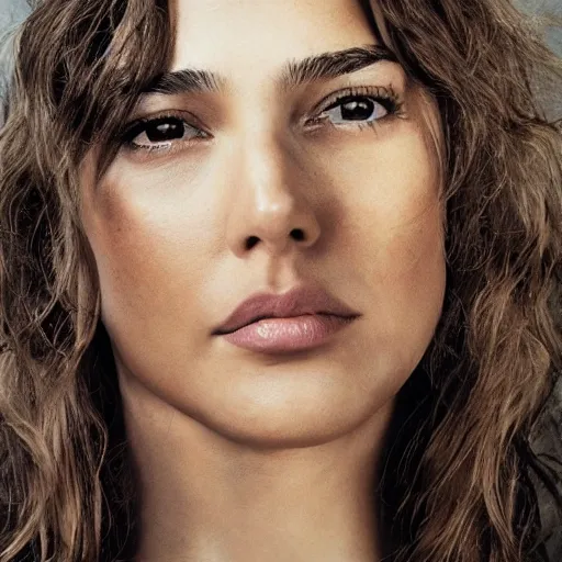 Image similar to a beautiful close - up shot of gal gadot, beautiful soft light failling on her face, studio photography by annie leibovitz