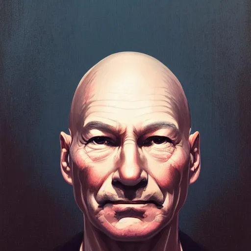 Prompt: portrait of a Patrick Stewart, staring at you, black background, curious eyes, by Anato Finnstark, Tom Bagshaw, Brom