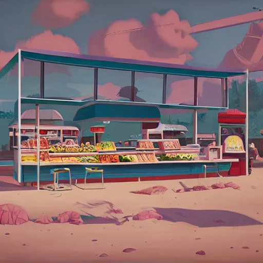 Image similar to fast food counter by the beach by simon stalenhag