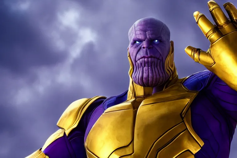 Prompt: Thanos wearing blue and gold armor grimacing while raising his clenched fist in the air, trending on Artstation, highly detailed, HD wallpaper, 4k, photorealistic, digital art