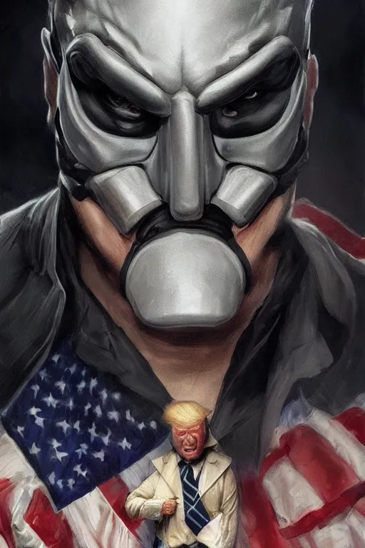 Image similar to Donald Trump as Bane from The Dark Knight, portrait, highly detailed, digital painting, artstation, concept art, smooth, sharp focus, illustration, cinematic lighting, art by artgerm and greg rutkowski and alphonse mucha