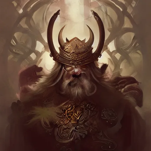 Image similar to Epic viking king, divine, symmetrical, D&D character art, portrait, digital painting, Peter Mohrbacher, Alphonse Mucha, Brian Froud, Yoshitaka Amano, Kim Keever, Victo Ngai, James Jean