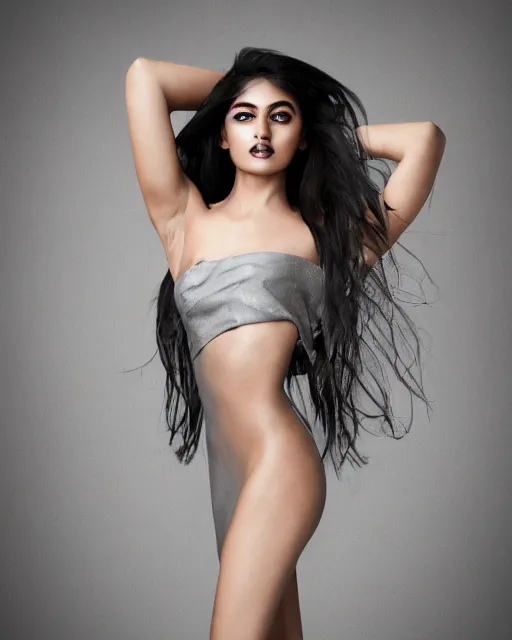 Image similar to a beautiful hyperrealistic ultradetailed, one indian model looking girl in a avant garde clothes on Gray Background for photo, photo studio, studio photography, studio light, photo for magazine, Designer clothes, futuristic clothes, clothes from the future, voge photo, fashion style, fullbody, in full growth, Clear facial features, photorealistic, high resolution, highly detailed, details, good clear quality