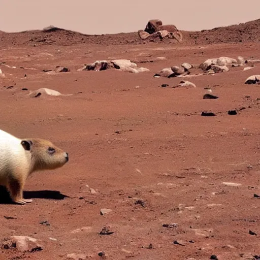 Image similar to a capybara in mars talking to a man