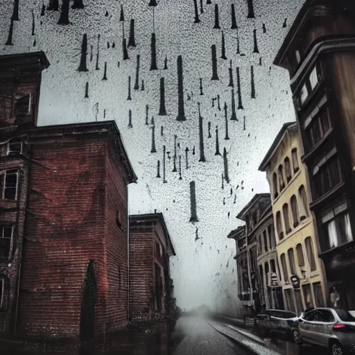 Image similar to street view of an upside-down city, ominous, creepy, eerie, liminal, scary, horror, nightmare::dark, night, dark horror buildings, upside-down, raining heavily, storming, dilapidated