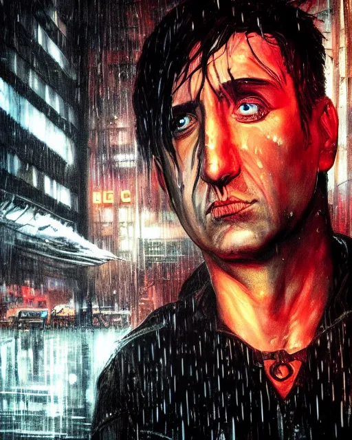 Image similar to An epic fantasy comic book style portrait painting of a very imposing Industrial goth Trent Reznor in the rain, wet hair, neon reflections, character design by Mark Ryden and Pixar and Hayao Miyazaki, still from Akira (1988), unreal 5, DAZ, hyperrealistic, octane render, cosplay, RPG portrait, dynamic lighting, intricate detail, cinematic