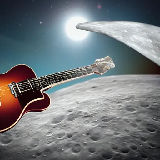 Prompt: a photo of a detailed, realistic, idle, regular sized electric guitar next to a beer can sitting on the moon surface. detailed photo. realistic photo