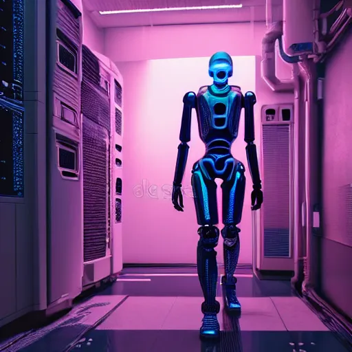 Image similar to hyperrealism stock photography of highly detailed stylish humanoid robot in cyberpunk sci - fi cyberpunk style by gragory crewdson and vincent di fate with many details by josan gonzalez working at the highly detailed data center by mike winkelmann and laurie greasley hyperrealism photo on dsmc 3 system rendered in blender and octane render