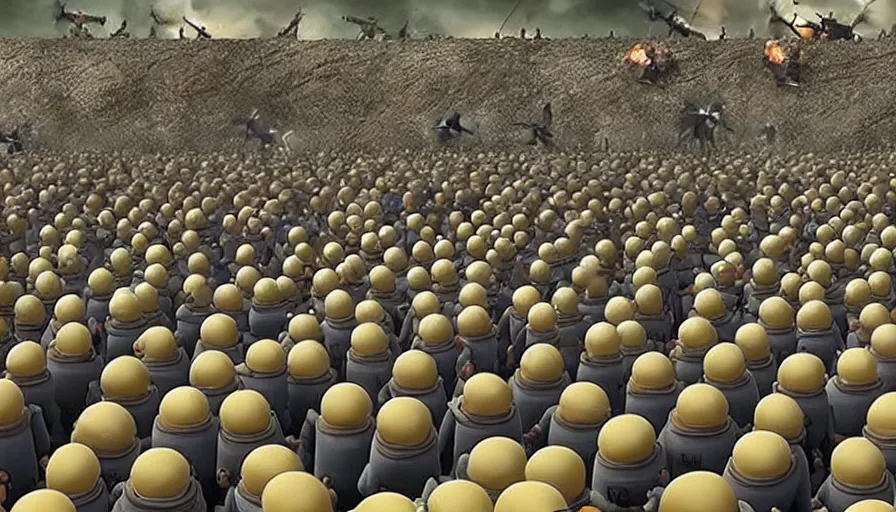 Image similar to millions of minions fighting the nazis during d - day, still from dreamworks movie