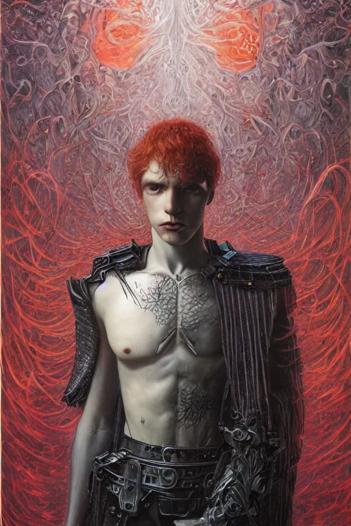 Prompt: portrait of beautiful gothic young man, thunderstorm, cyber armor, a lot of scars, more and more flowers, red head, the middle ages, highly detailed, artstation, illustration, art by jean delville, 8 k quality, art by greg gandy and dragan bibin