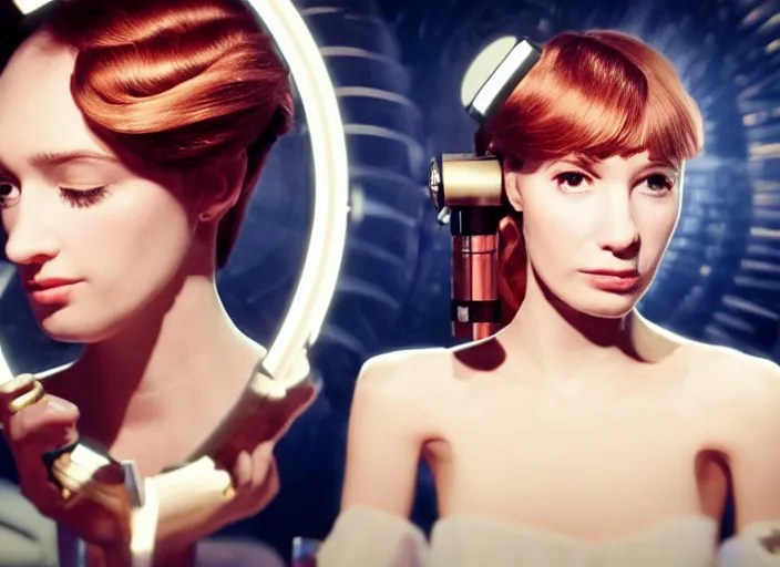 Prompt: une femme à la coiffure tourbillonnante, retrofuturism, reimagined by industrial light and magic