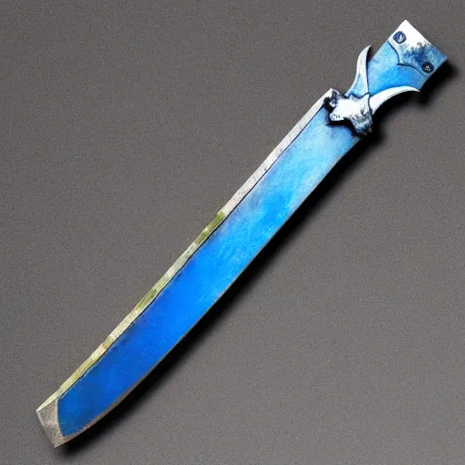 Image similar to bluestone flamberge, a huge two-handed sword with a wavy blade and large cross guard, nearly six feet long. It has a faint blue sheen, and radiates a sense of unease. The style and decoration of the sword would place it at approximately 300 years old, but the alloy is highly unusual.