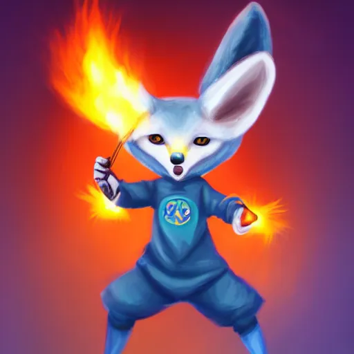 Image similar to An anthropomorphic fennec character from the furry fandom wearing a blue sweatshirt and holding fireballs in a fighting pose, digital painting, artstation, furry fandom, furaffinity