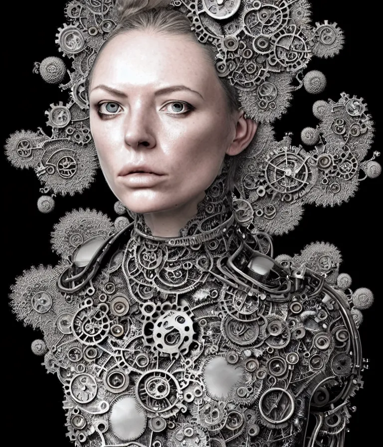 Image similar to highly detailed photo portrait of complex bio-mechanical beautiful young female stone cyborg with a Mandelbrot fractal steampunk metal fine lace face, retrofuturistic depressing hopeless horrific vibe, radiating dark energy aura, curled silver hair and a fine metal floral foliage super big lace collar by Alexander McQueen:: high fashion, haute couture, rococo, steampunk, silver filigree details, anatomical, facial muscles, cable wires, microchip, elegant, hyper realistic, 150 mm lens, soft rim light, octane render, unreal engine, volumetric lighting, 8k, muted reflective metallic coloring, sharp focus